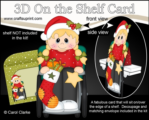 3D Christmas On the Shelf Card Kit - Christmas Wheelchair User Girl has an Xmas Stocking