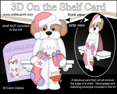 3D Christmas On the Shelf Card Kit - Christmas Cavachon Dog has an Xmas Stocking