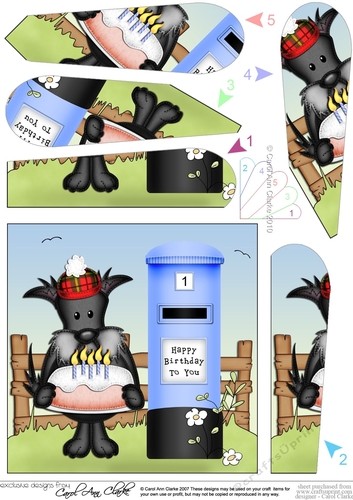 Hamish Scottie Dog has a Birthday Cake Fan Pyramage Topper