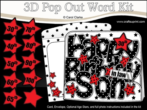 3D Happy Birthday SON IN LAW Stars with Ages  30 to 100 Pop Out Word Card Kit