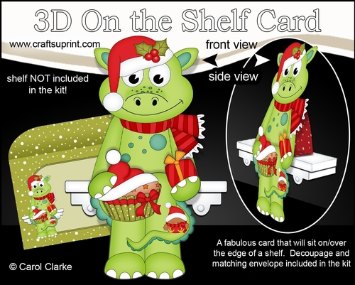 3D Christmas On the Shelf Card Kit - Cute Christmas Dinosaur has a Fesive Cupcake