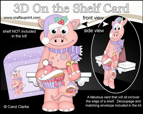 3D Christmas On the Shelf Card Kit - Cute Christmas Dinosaur has a Fesive Cupcake
