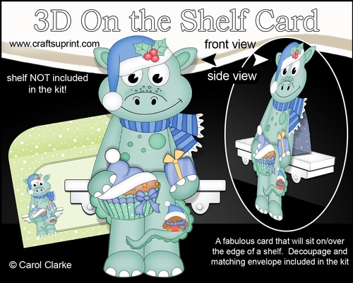 3D Christmas On the Shelf Card Kit - Cute Christmas Dinosaur has a Fesive Cupcake