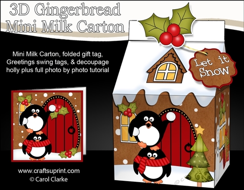 3D Christmas Milk Carton Gingerbread House Treat Box Mini Kit -  Pip Penguin & Friend are having a Snowball Fight
