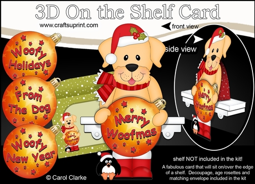 3D Christmas On the Shelf Card Kit - Cute Little Labrador Dog has an Xmas Bauble with Greetings Sentiments Decoupage
