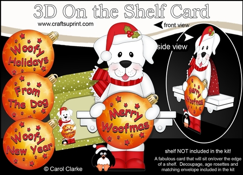 3D Christmas On the Shelf Card Kit - Cute Little Labrador Dog has an Xmas Bauble with Greetings Sentiments Decoupage