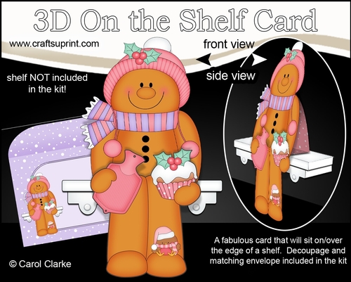 3D Christmas On the Shelf Card Kit - Christmas Gingerbread Man Ginge has a Hot Water Bottle & Festive Cupcake