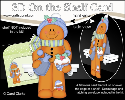 3D Christmas On the Shelf Card Kit - Christmas Gingerbread Man Ginge has a Hot Water Bottle & Festive Cupcake