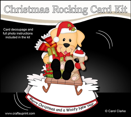 3D Shaped Rocking Christmas Card Mini Kit  -  Cute Little Labrador Dog is having fun on his Sledge