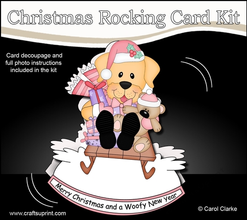 3D Shaped Rocking Christmas Card Mini Kit  -  Cute Little Labrador Dog is having fun on his Sledge