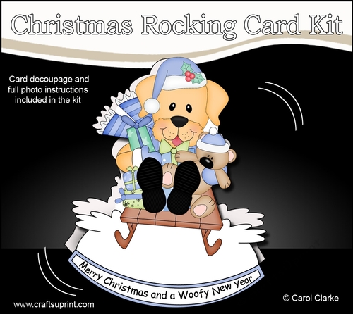 3D Shaped Rocking Christmas Card Mini Kit  -  Cute Little Labrador Dog is having fun on his Sledge