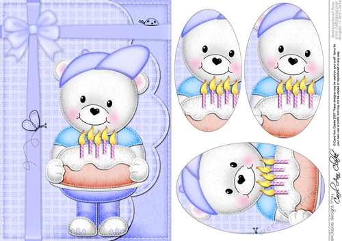 A5 Teddy Ed has a Birthday Cake Oval Pyramage Topper