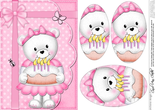 A5 Teddy Tess has a Birthday Cake Oval Pyramage Topper