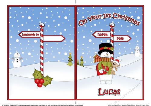 5 x 7 Quick Cut and Fold Card - On Your 1st Chrismas LUCAS with Snowman 