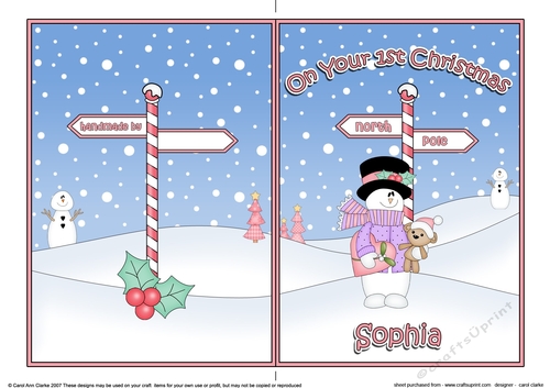 5 x 7 Quick Cut and Fold Card - On Your 1st Chrismas SOPHIA with Snowman 