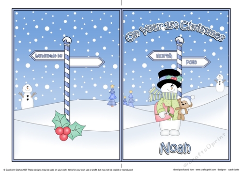 5 x 7 Quick Cut and Fold Card - On Your 1st Chrismas NOAH with Snowman 