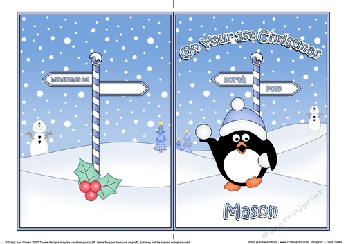 5 x 7 Quick Cut and Fold Card - On Your 1st Chrismas MASON with Penguin 