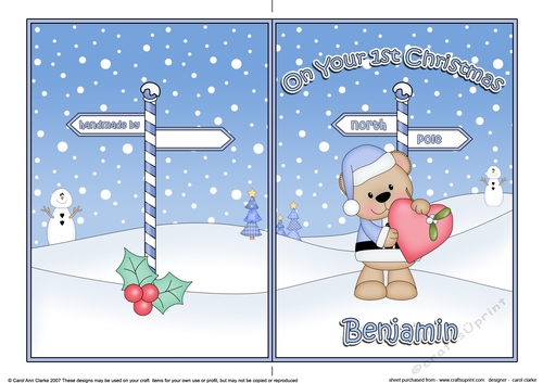 5 x 7 Quick Cut and Fold Card - On Your 1st Chrismas BENJAMIN with Livvy Bear