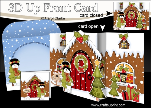 3D Up Front Card Kit -  Snowman Rio has a Christmas Tree at the Christmas Gingerbread House