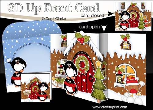 3D Up Front Card Kit -  Pip Penguin is having a Snowball Fight at the Christmas Gingerbread House