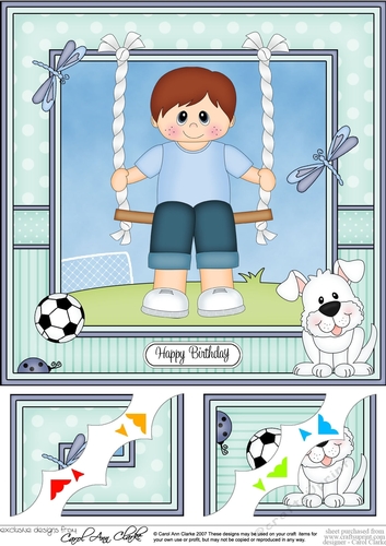 8 x 8 Cute Little Boy is Swinging High Scalloped Corner Topper  