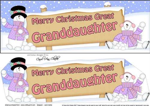 large DL Merry Christmas GREAT GRANDDAUGHTER with Snowman 3D decoupage