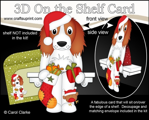 3D Christmas On the Shelf Card Kit  - Christmas Springer Spaniel Dog has an Xmas Stocking