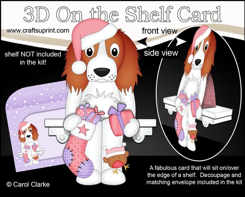 3D Christmas On the Shelf Card Kit  - Christmas Springer Spaniel Dog has an Xmas Stocking