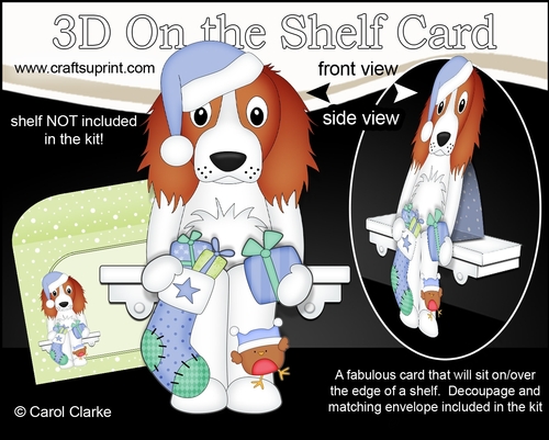 3D Christmas On the Shelf Card Kit  - Christmas Springer Spaniel Dog has an Xmas Stocking