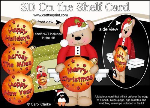 3D Christmas On the Shelf Card Kit - Livvy Bear has an Xmas Bauble with Greetings Sentiments