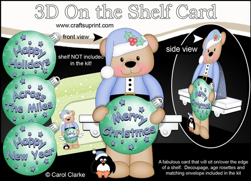 3D Christmas On the Shelf Card Kit - Livvy Bear has an Xmas Bauble with Greetings Sentiments