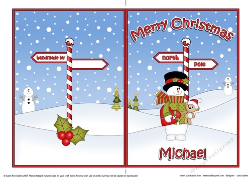 5 x 7 Quick Cut and Fold Card - Merry Christmas MICHAEL with Snowman
