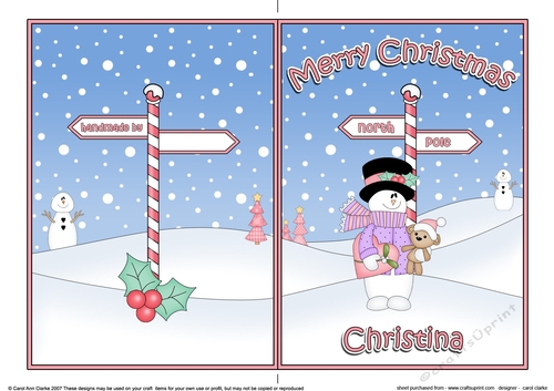 5 x 7 Quick Cut and Fold Card - Merry Christmas CHRISTINA with Snowman