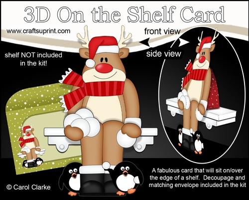3D Christmas On the Shelf Card Kit - Christmas Rudolph and Penguin Pip are having a Snowball fight