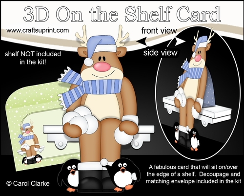 3D Christmas On the Shelf Card Kit - Christmas Rudolph and Penguin Pip are having a Snowball fight