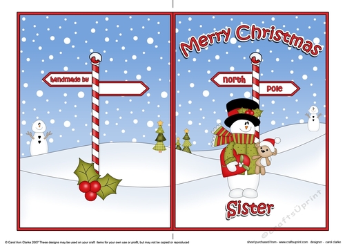 5 x 7 Quick Cut and Fold Card - Merry Christmas SISTER with Snowman Rio