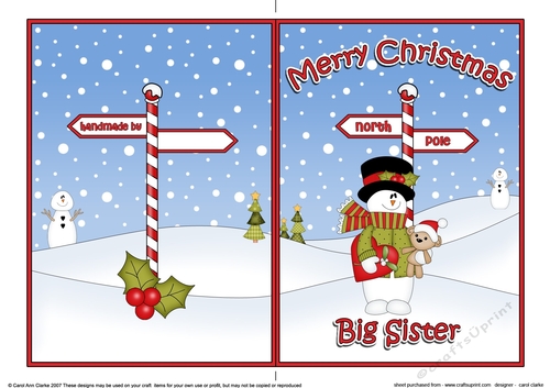 5 x 7 Quick Cut and Fold Card - Merry Christmas BIG SISTER with Snowman Rio