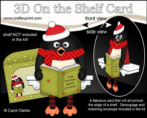 3D Christmas On the Shelf Card Kit - Christmas Pip Penguin reads an Xmas Story