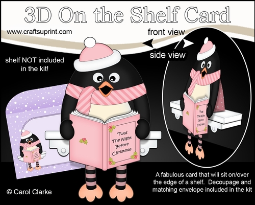 3D Christmas On the Shelf Card Kit - Christmas Pip Penguin reads an Xmas Story