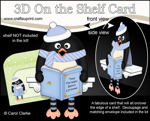 3D Christmas On the Shelf Card Kit - Christmas Pip Penguin reads an Xmas Story