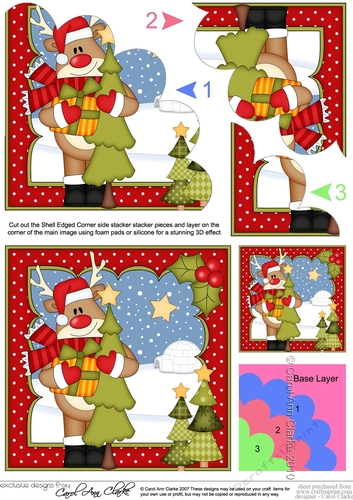 Christmas Rudolph has an Xmas Tree Shell Edged Corner Stacker