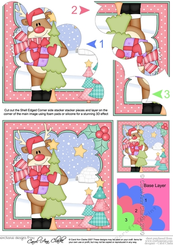 Christmas Rudolph has an Xmas Tree Shell Edged Corner Stacker