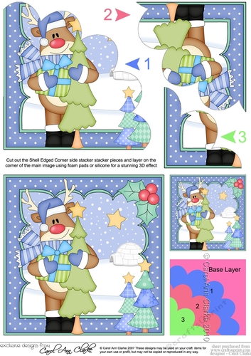 Christmas Rudolph has an Xmas Tree Shell Edged Corner Stacker