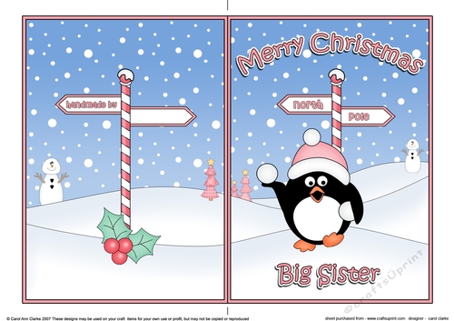 5 x 7 Quick Cut and Fold Card - Merry Christmas BIG SISTER with Pip Penguin