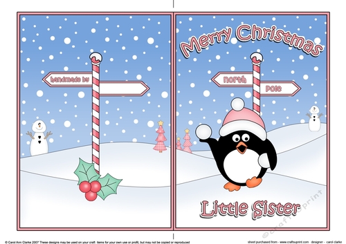 5 x 7 Quick Cut and Fold Card - Merry Christmas LITTLE SISTER with Pip Penguin