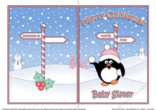 5 x 7 Quick Cut and Fold Card - Merry Christmas BABY SISTER with Pip Penguin