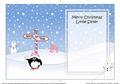 5 x 7 matching insert -  Merry Christmas LITTLE SISTER with Pip Penguin