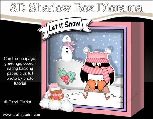3D Christmas Diorama Shadow Box Card Mini Kit  -  Pip Penguin is having fun on his Sledge