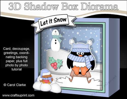 3D Christmas Diorama Shadow Box Card Mini Kit  -  Pip Penguin is having fun on his Sledge