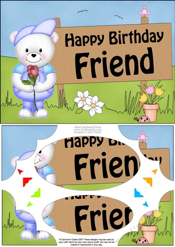 A5 Teddy Ed Happy Birthday FRIEND Scallop Corners and Pyramage